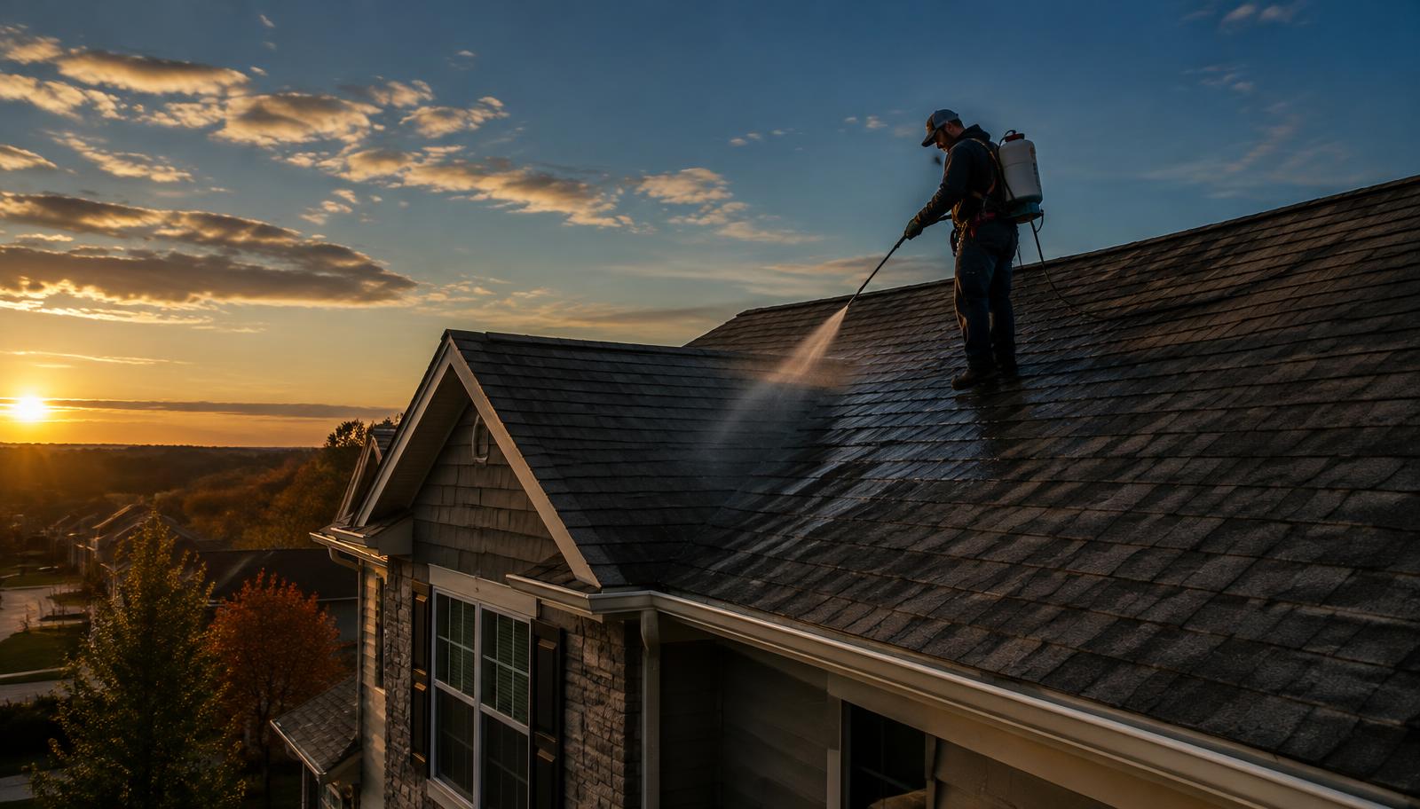 A Roof Restorator spraying restoration treatment onto an aging asphalt shingle roof